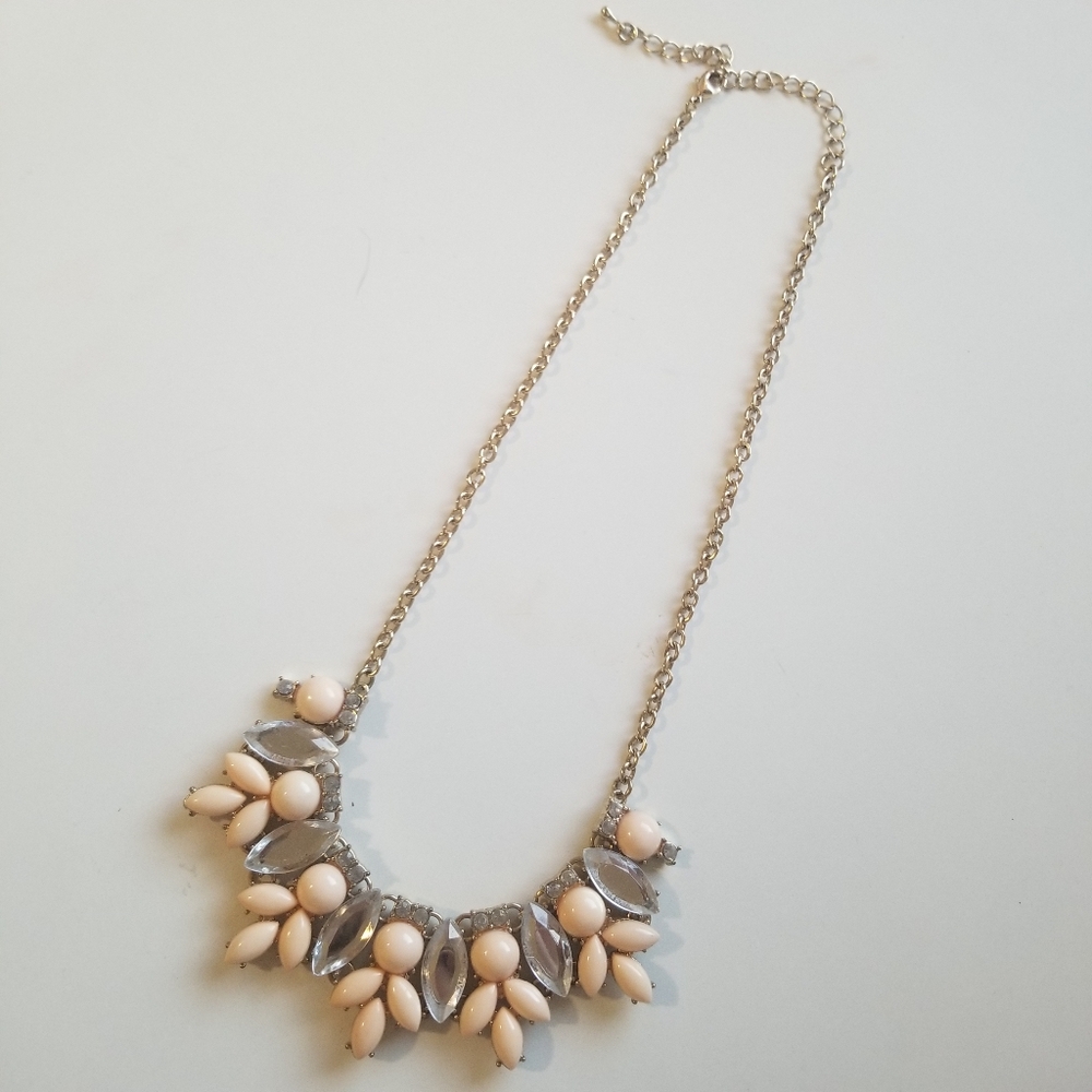 Statement Bib Necklace Peach and Clear Crystal Jewels And Gold Chain & Extender.